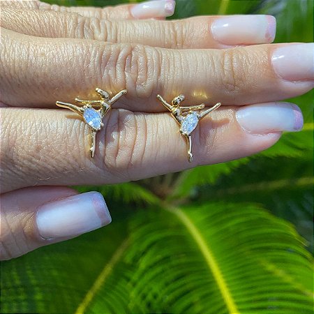 BRINCO FOLHEADO OURO 18K BAILARINA COM CRISTAL.