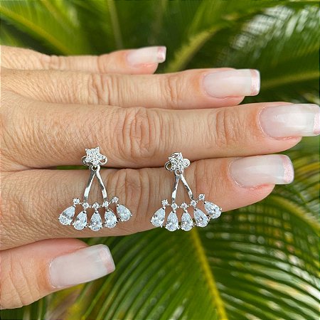 Brinco Prata 925 Ear Jacket De Estrela Com Gotas De Cristal