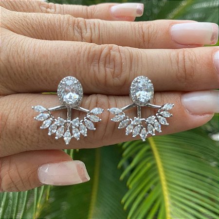 BRINCO FOLHEADO RODIO BRANCO EAR JACKET COM GOTAS DE CRISTAL NAVETE E ZIRCÔNIAS