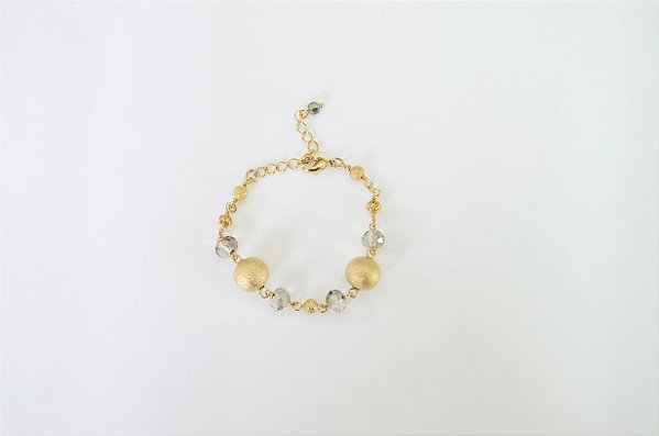 PULSEIRA FOLHEADA OURO 18K BOLAS DOURADAS E DE CRISTAL