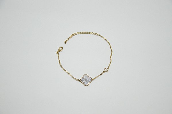 PULSEIRA FOLHEADA OURO 18K PINGENTE DE VANCLEEF  COM ZIRCÔNIAS BRANCAS