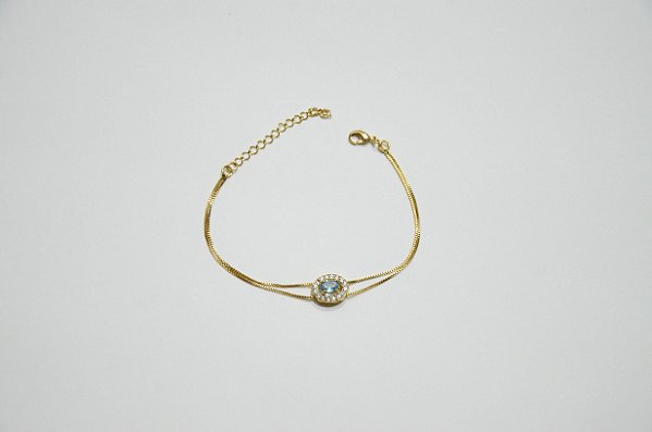 PULSEIRA FOLHEADA OURO 18K CORRENTE DUPLA COM CRISTAL AZUL