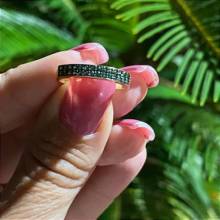 ANEL FOLHEADO OURO 18K FILEIRAS COM ZIRCÔNIA VERDE MICRO CRAVEJADA