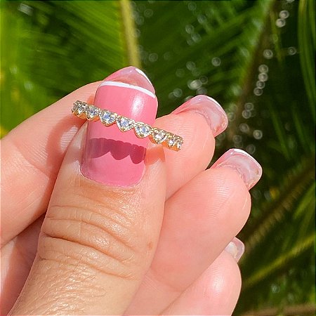ANEL FOLHEADO OURO 18K CORAÇÕES COM CRISTAL E MICRO CRAVEJADOS COM ZIRCÔNIAS