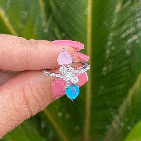 ANEL PRATA DOIS CORAÇÕES DE CRISTAL LEITOSO ROSA QUARTZO E AZUL TURQUESA