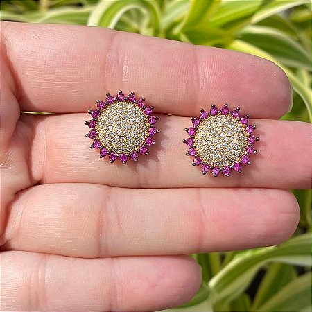 Brinco Folheado Ouro 18K  Sol Em Zircônia Branca E Rosa