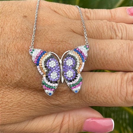 COLAR PRATA 925 BORBOLETA COLORIDA
