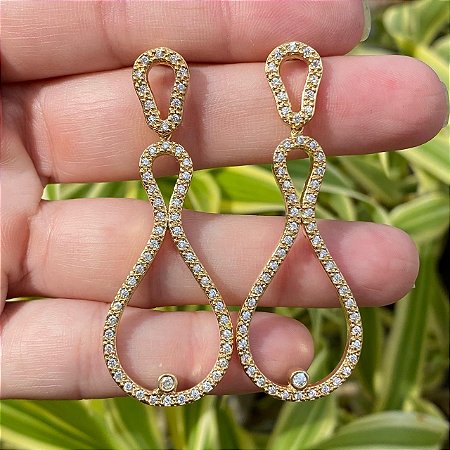 BRINCO FOLHEADO OURO 18K  GRANDE TODO CRAVEJADO COM ZIRCÔNIA BRANCA