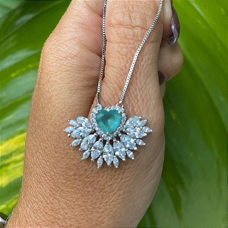 COLAR FOLHEADO RODIO BRANCO CORAÇÃO AZUL TIFFANY COM NAVETES