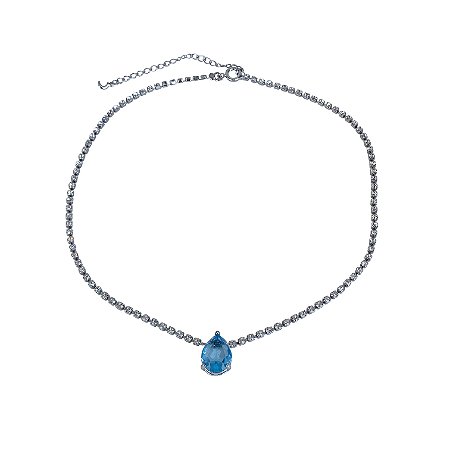 COLAR CHOKER COM GOTA AZUL FOLHEADO RODIO BRANCO