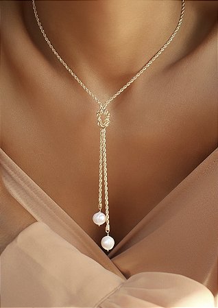Colar Banhado ouro 18k gravatinha com pérola