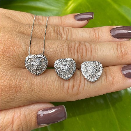 CONJUNTO FOLHEADO RODIO BRANCO CRISTAL COM ZIRCONIAS