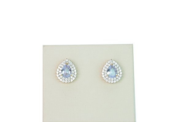BRINCO  FOLHEADO OURO 18K GOTA COM FILEIRA DUPLA CRAVEJADA COM CRISTAL AZUL