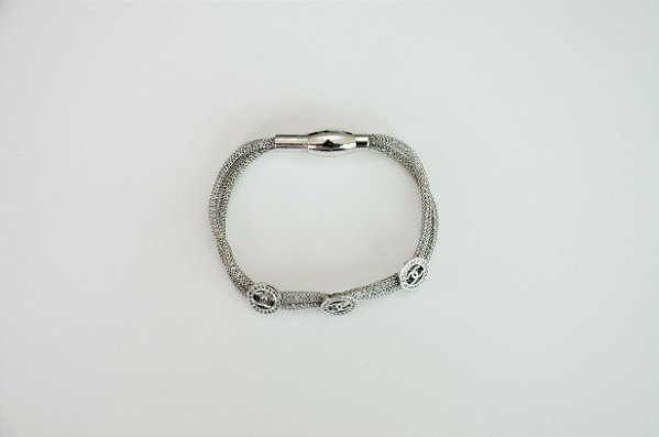 PULSEIRA DUPLA FOLHEADA RODIO BRANCO CHANEL CRAVEJADA COM ZIRCÔNIA