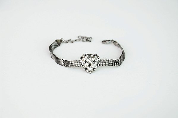 PULSEIRA FOLHEADA RODIO NEGRO TELA COM CORAÇÃO FEITO DE TIRAS CRAVEJADAS COM ZIRCÔNIA