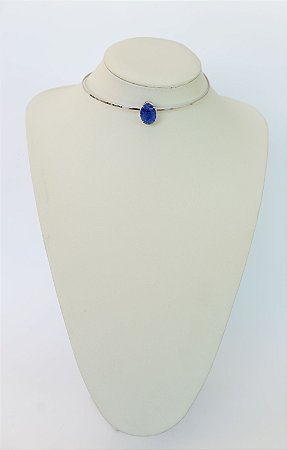 COLAR FOLHEADO RODIO BRANCO CHOKER ARO COM GOTA FUSION AZUL ESCURO