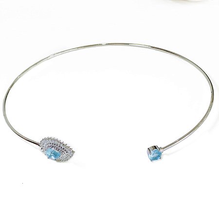 COLAR FOLHEADO RODIO CHOKER  ARO GOTA AZUL CLARO