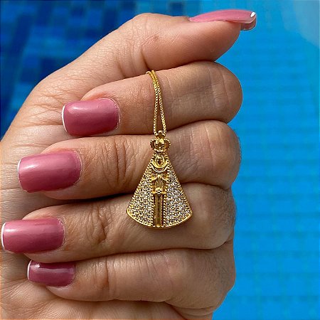 COLAR FOLHEADO OURO 18K NOSSA SENHORA APARECIDA CRAVEJADA ZIRCONIA BRANCA