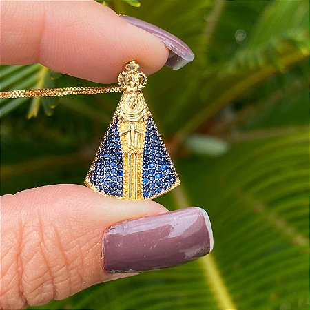 COLAR FOLHEADO OURO 18K NOSSA SENHORA APARECIDA CRAVEJADA ZIRCONIA AZUL