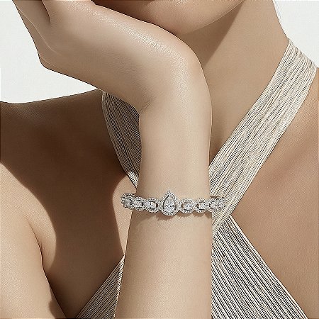 BRACELETE FOLHEADO RODIO BRANCO GOTA CRISTAL COM ZIRCONIA