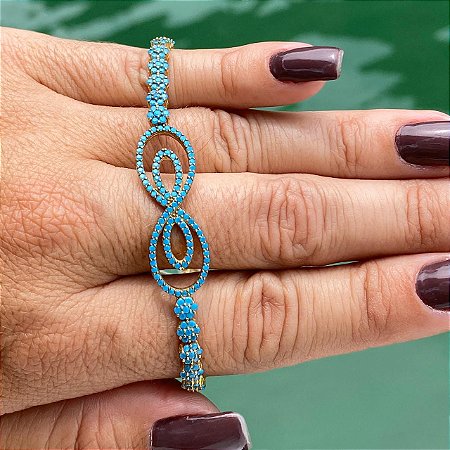 Pulseira Folheada Ouro 18K Infinito Pedra Azul Regulavel