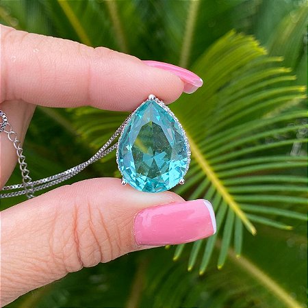 COLAR FOLHEADO RODIO BRANCO GOTA VERDE CLARO COM MICRO ZIRCONIAS