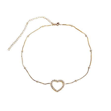 COLAR FOLHEADO OURO 18K CHOKER CORACÃO CRAVEJADA COM BOLINHAS