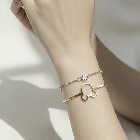 Pulseira Folheda Ouro 18K Bracelete Mickey Com Correntinha