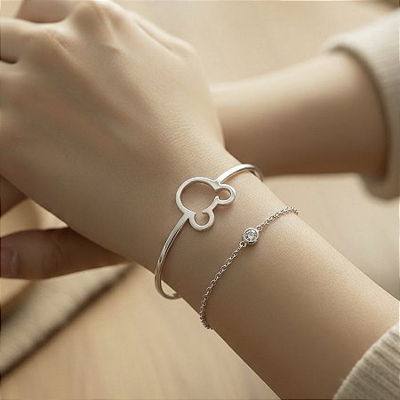 PULSEIRA FOLHEDA RODIO BRANCO BRACELETE MICKEY COM CORRENTINHA