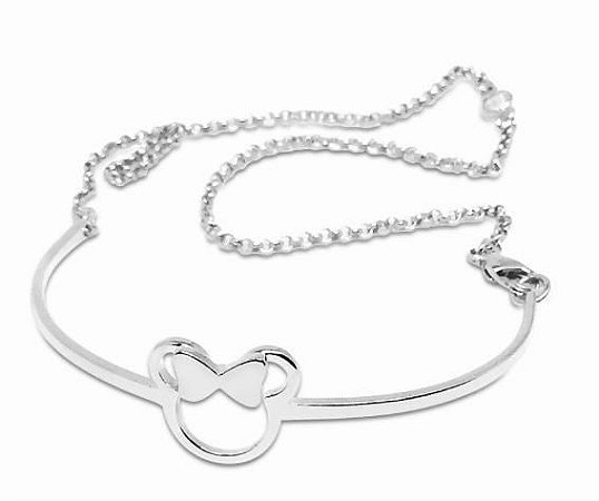 PULSEIRA FOLHEDA RODIO BRANCO BRACELETE MINNIE COM CORRENTINHA