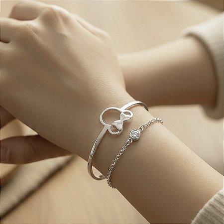 PULSEIRA FOLHEDA RODIO BRANCO BRACELETE MINNIE COM CORRENTINHA
