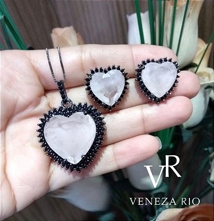 CONJUNTO FOLHADO RODIO NEGRO COM PEDRA COR MORGANITA