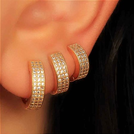 Brinco Trio Argolas Banhadas a  Ouro 18k Cravejado