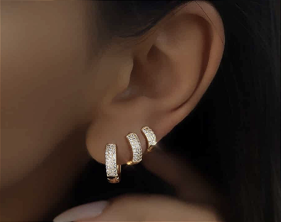 Brinco Trio Argolas Banhadas no Ouro 18k  Cravejado