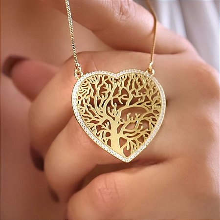 Colar Banhado Ouro 18k Coração Árvore da Vida