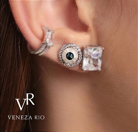 BRINCO FOLHEADO RODIO BRANCO OLHO GREGO