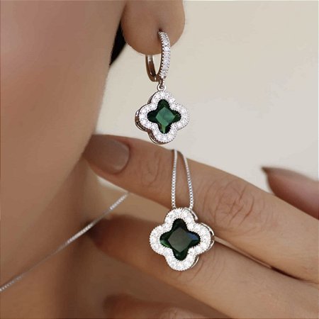 Conjunto Banhado ródio branco com Pedra  verde