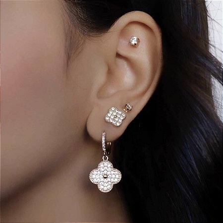 Trio Brinco Banhado Ouro 18k Trio Click com Zircônias e Fixo e Ponto Luz