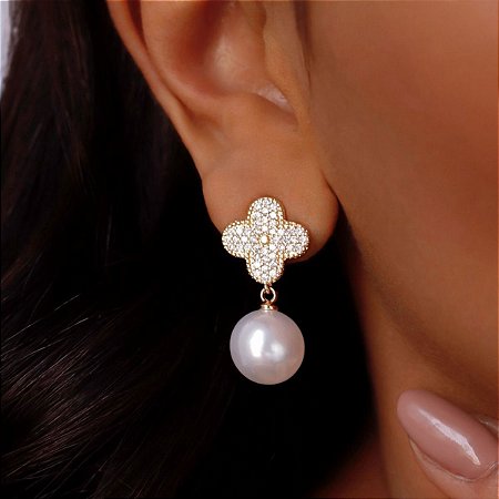 Brinco Banhado ouro 18k Flor toda Cravejada com Perola pendurada