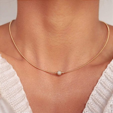 Colar Banhado ouro 18k Corda de Violão com Bolinha toda Cravejada