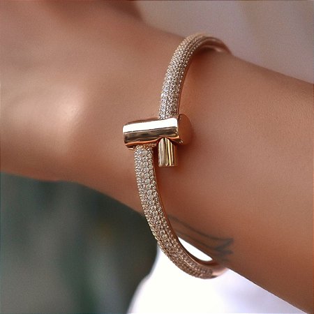 Bracelete Banhado ouro 18k Cravejada com Zirconias Fecho Liso