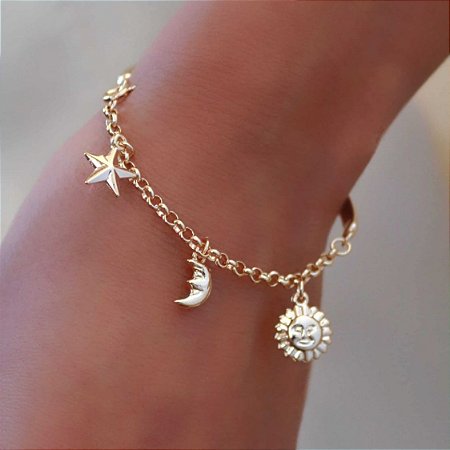 Bracelete Banhado ouro 18k Liso Metade Aro e Metade Elo com Lua,Sol e Estrela