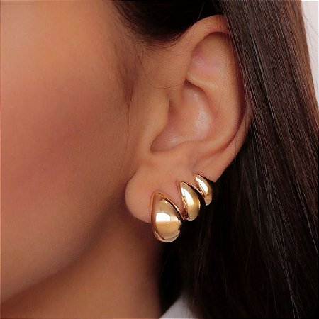 Brinco Trio  Banhado ouro 18k Gota  Liso