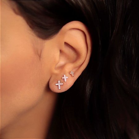Brinco Trio Banhado ouro 18k Cruz pequena cravejada