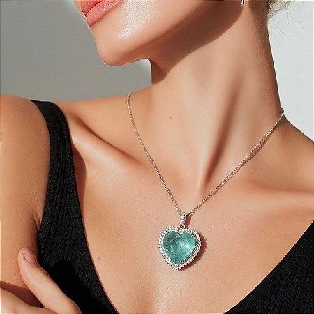 Conjunto banhado ródio branco coração pedra fusion