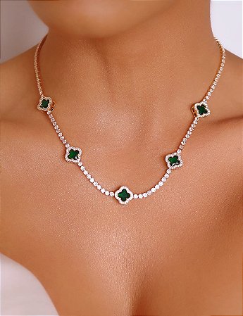 Colar Banhado ouro 18 k Flor com Cristal verde