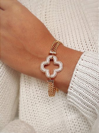 Pulseira banhada ouro 18k trevo cravejado