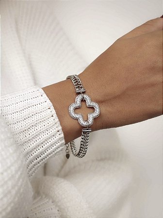 Pulseira Banhada em Ródio Branco Trevo cravejado