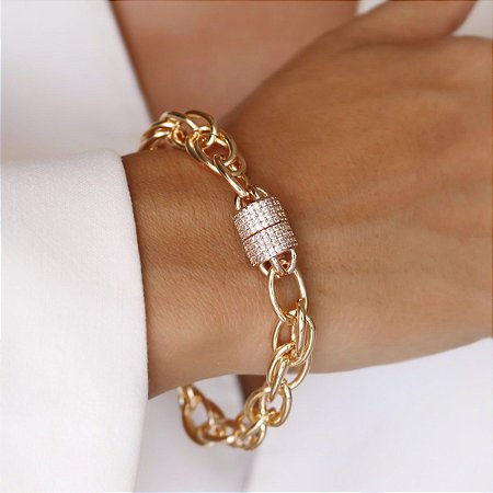 Pulseira Banhada Ouro 18k Elos com Fecho de Ima Cravejado