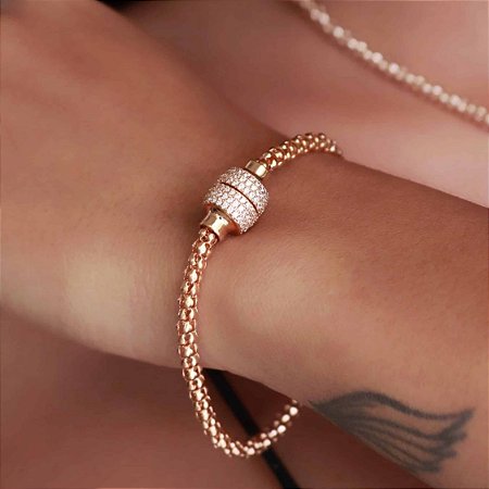 Pulseira Banhado Ouro 18k Pipoca com Fecho de Ima Cravejado